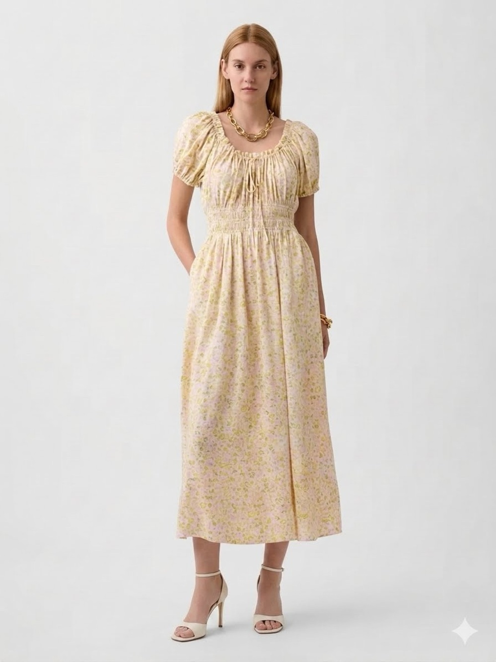 GAP NWT Yellow Floral Puff-Sleeve Maxi Dress~Size L - Picture 2 of 6